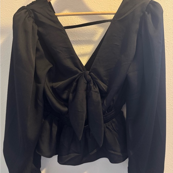 Black long sleeve blouse with an open back bow tie - Picture 3 of 4